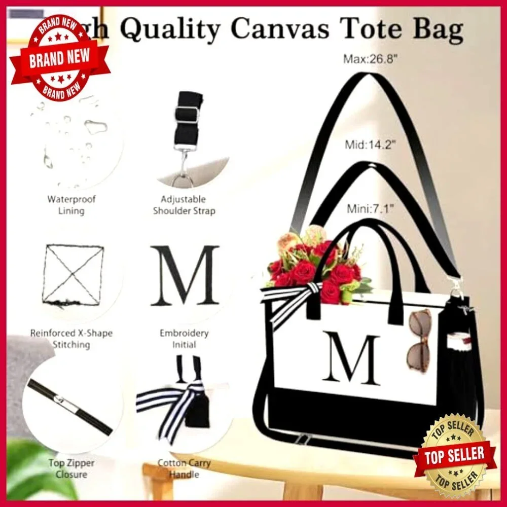 Personalized Canvas Tote Bag Set with Makeup Bags, Zipper Closure